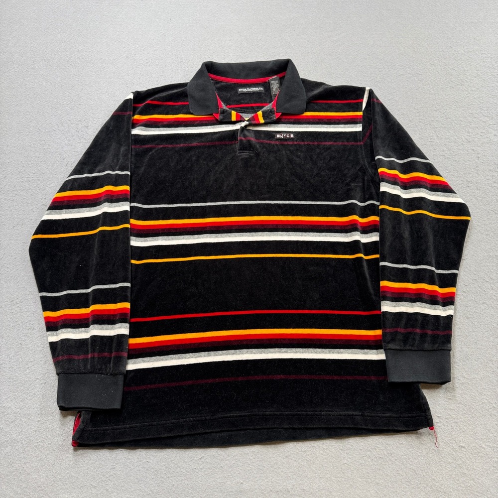 Enyce Velour Polo Shirt Men's Large Black Striped Long Sleeve Streetwear Skater